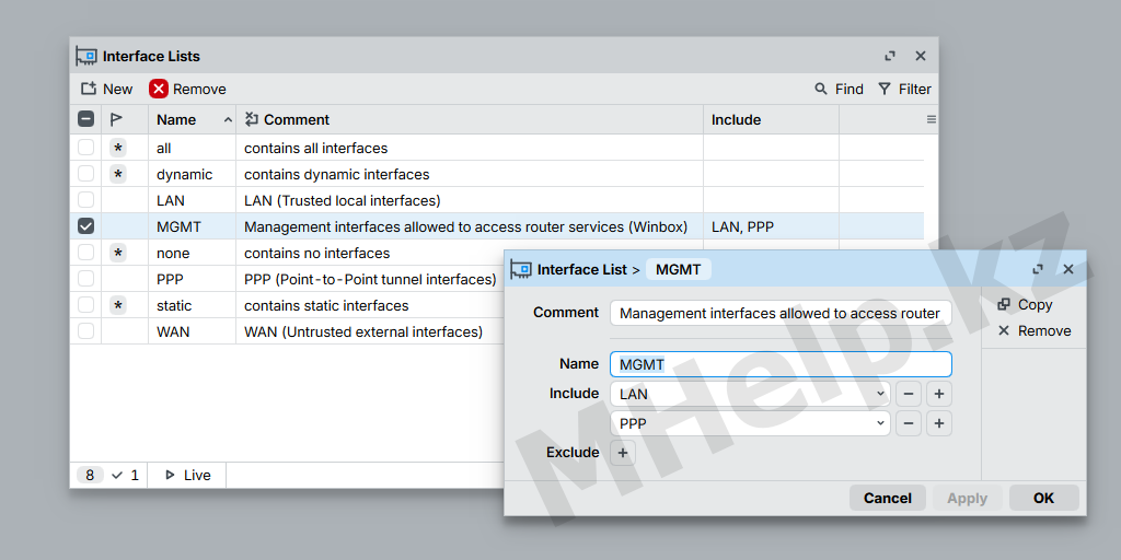Настройка MikroTik Management Interface List Настройка MikroTik Management Interface List